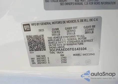 2026 Chevrolet Silverado 1500 2Wd Short Bed Wt z USA, uszkodzony, nr VIN 3GCPAAED5TG143104